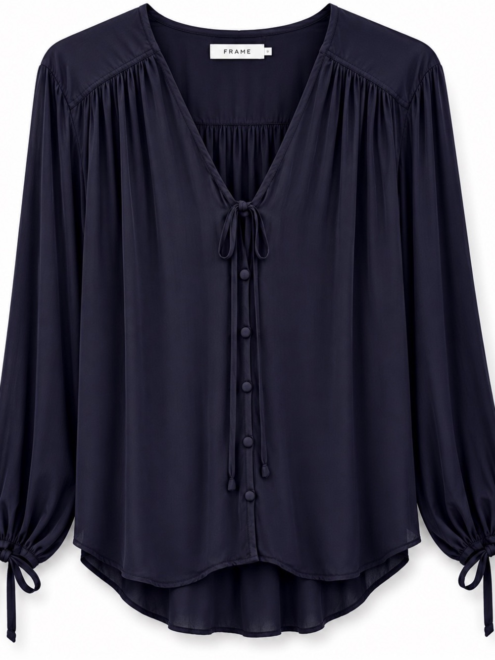 FRAME Navy Tie Neck Blouse Size S 100% Viscose Long Sleeve